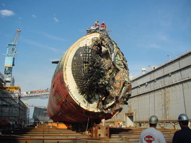 USS San Fransisco's damage from the collision. 