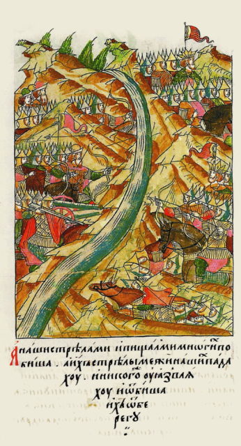 Great stand on the Ugra river. Miniature in Russian chronicle, 16th century. Source: Wikipedia
