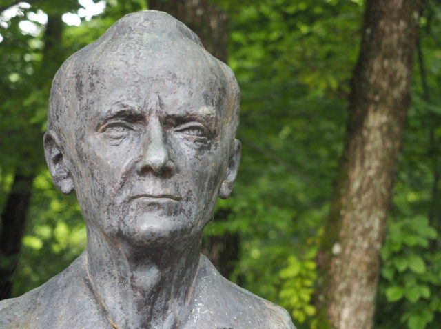 Viktor Volčjak is remembered with a bust of him at the valley entrance to the Hidden Hospital in Slovenia. Picture © Geoff Moore www.thetraveltrunk.net