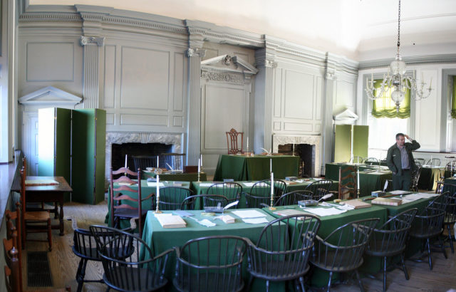 Independence Hall's Assembly Room, where the Declaration and Constitution were drafted. 