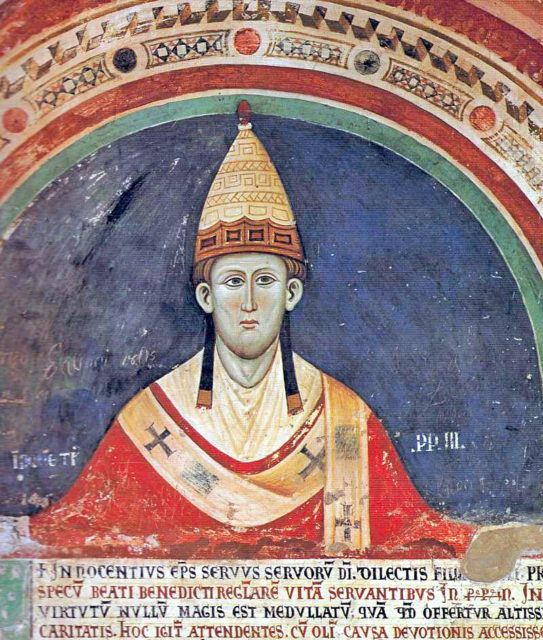 Pope Innocent III, By unknown Artist (13. Cent.) - Fresco at the cloister Sacro Speco, Image from the German Wikipedia which is/was located here., Public Domain
