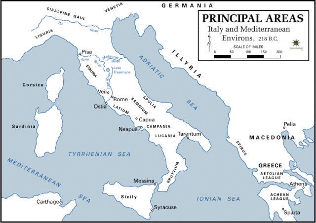 The area and regions of Italy. Capua can be shown as well as Bruttium, where Spartacus was ultimately trapped.