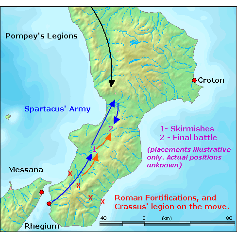 Though not to scale and likely not wholly accurate, this map shows the general movements of Spartacus' final battle.