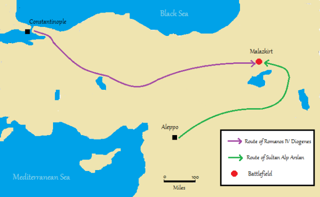 Having made peace with the Byzantines the Seljuks intended to attack Egypt, until Alp Arslan learned in Aleppo of the Byzantine advance. He returned north and met the Byzantines north of Lake Van. Source: Wikipedia