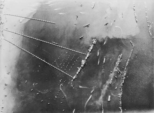 Aerial view of the the Mulberry B at Arromanches on October 27, 1944 Image Source: Wikipedi