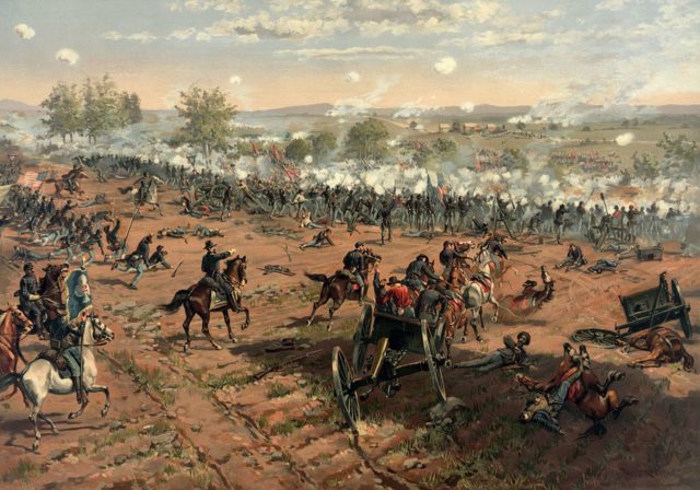 Painting "Hancock at Gettysburg" by Thur de Thulstrup, shows the battle. Photo via the Library of Congress and Wikipedia 