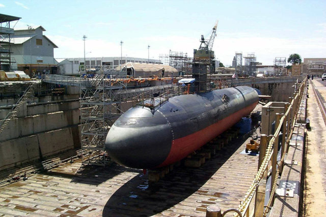 Modern submarine, USS Greenville, as seen in dry-dock. Wikipedia / Public Domain