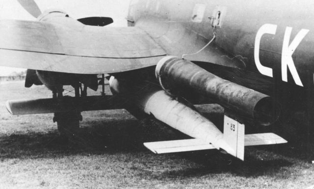 A German Luftwaffe Heinkel He 111 H-22. This version could carry FZG 76 (V1) flying bombs, but only a few aircraft were produced in 1944. Some were used by bomb wing KG 3.