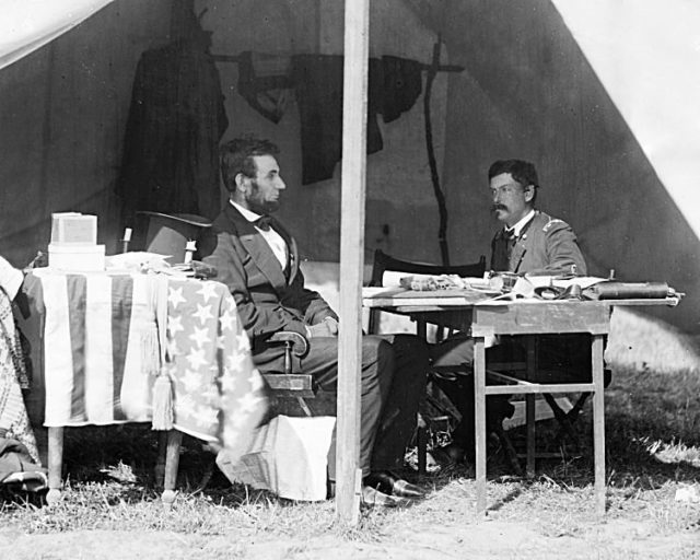 Photograph by Alexander Gardner of Lincoln and McClellan near the Antietam battlefield, October 3, 1862.