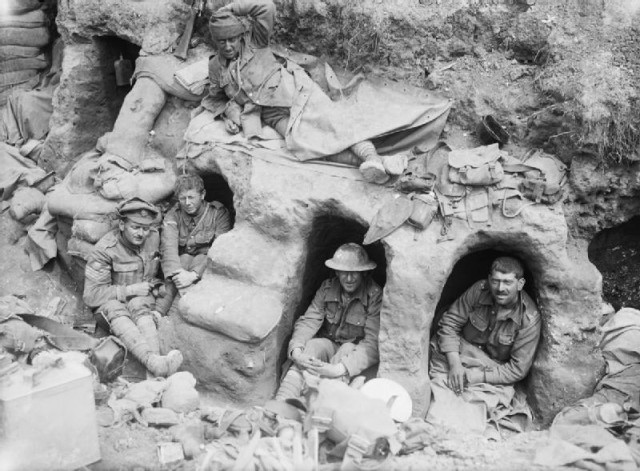 Regiment men in their dugouts during the Somme.
