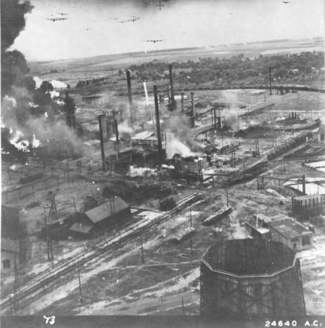 2nd wave of B-24 Liberators approach the Ploesti oil refineries, Ploesti Romania, Aug 1 1943. 14 B-24s can be seen in this image [U.S. Air Force / Public Domain]