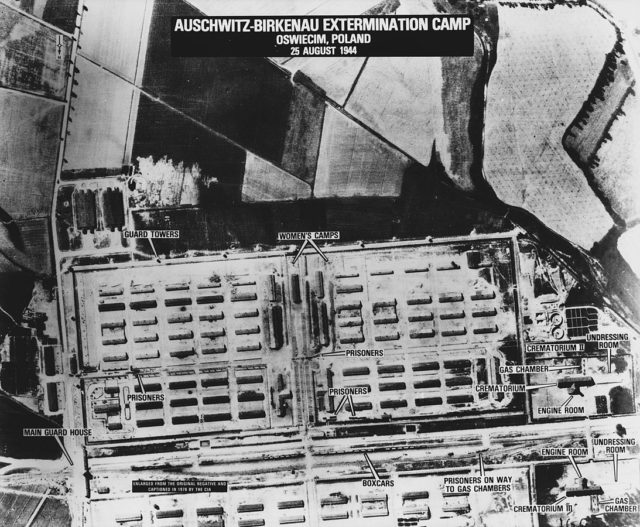 American surveillance photo of Birkenau (1944). South is at the top in this photo.