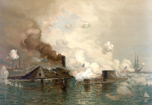 Artist depiction of the Battle of Hampton Roads. Wikipedia / Public Domain