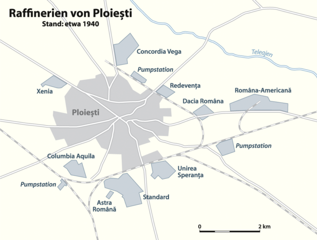 Map of the refineries in the immediate vicinity Ploieştis 1940[Von NordNordWest - Eigenes Werk CC BY-SA 3.0 / Wikipedia]