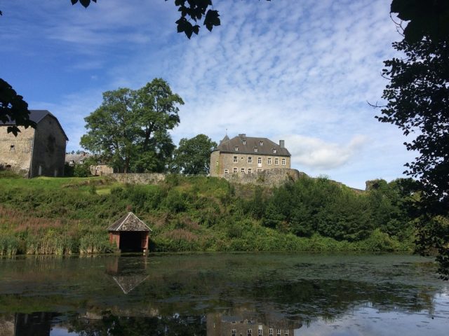 The photo above is taken during my last visit to the Chateau Rolle on 14 August 2016. It shows from left to right: the stables and the houses for the servants , guards and farmers, the central courtyard with the big tree, the Chateau with the tower at its left hand side with the chapel , the water well and finally, in the far right, the ruins of the Donjon, a medieval Defense tower with thick walls and cellars. A stunning location and unique Castle, the historical site was built in this form in the 16th and 17th Century.
