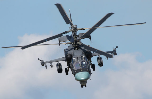 The Russian Airforce Kamov Ka-52 military helicopter at Aviadarts military exercise at Dubrovichi Air Range. (Photo by Fyodor Borisov/Transport-Photo Images)