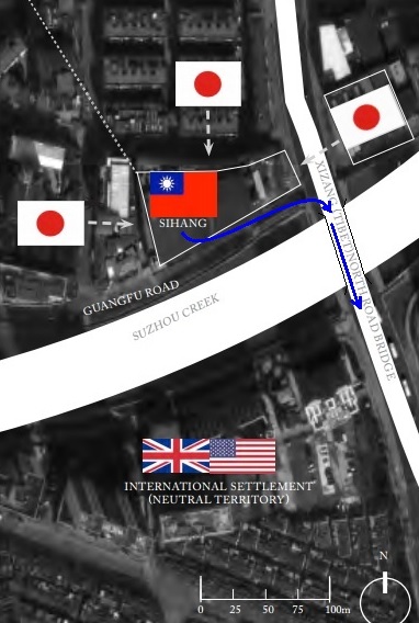 Fig 3. Map of the Sihang Warehouse parameter, 27th Oct-1st Nov 1937 (Blue movements - NRA retreat on night of 1st November, 1939) Image source: Own modified version from Fig 2.5 (Kubacki, 2014, p.50) - online version link in Bibliography 