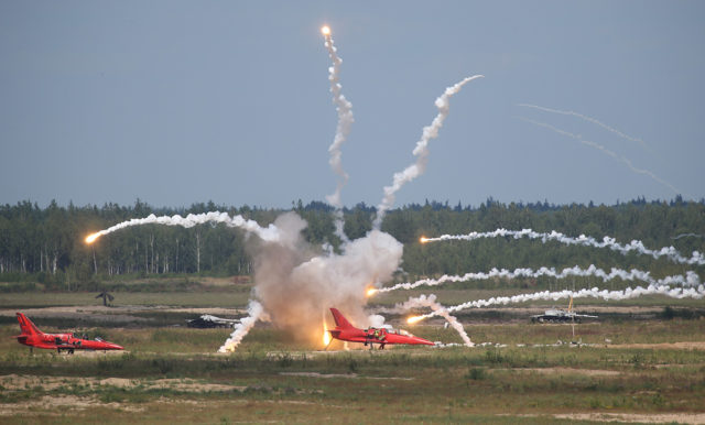 Hit of training bomb to old L-39 used as target at Aviadarts military exercise at Dubrovichi Air Range. (Photo by Fyodor Borisov/Transport-Photo Images)