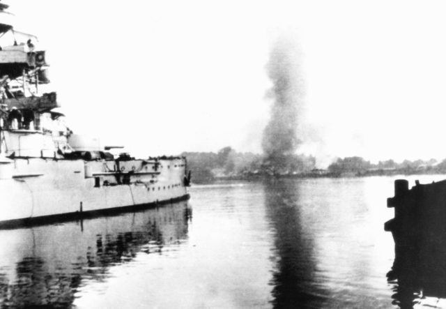 German battleship Schleswig-Holstein bombarding Westerplatte, Danzig, 1 September 1939 [Public Domain]