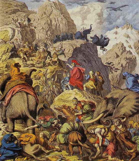 Hannibal and his men crossing the Alps.