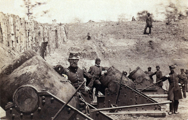 Civil War soldiers outside Yorktown, with 13-inch mortars, each weighing 20,000 pounds. Wikipedia / Public Domain