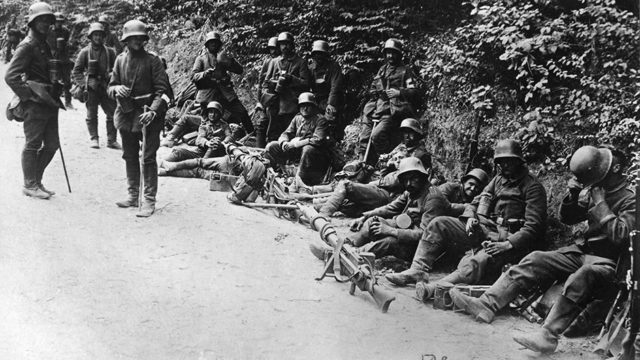 German assault troops rest during the fighting around Matajur in October, 1917. The fighting in the region was fast moving, and intense. Both sides had to use cover, terrain, and surprise if they wanted to make any advances. Image Source: Wikimedia Commons/ public domain.
