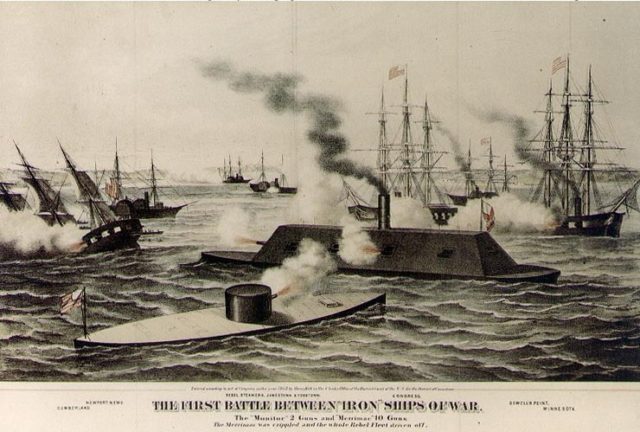 Artist rendering of the March 8th attack by the CSS Virginia on the wooden ships. Wikipedia / Public Domain