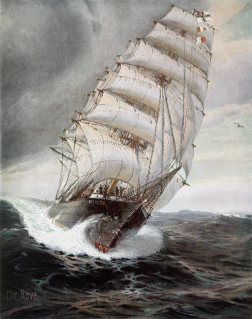 A painting of SMS Seeadler under full sail in the Atlantic. Her unassuming appearing as just another sailing ship allowed her to fool other ships into coming in close enough to be boarded and captured. Source: wiki/public domain