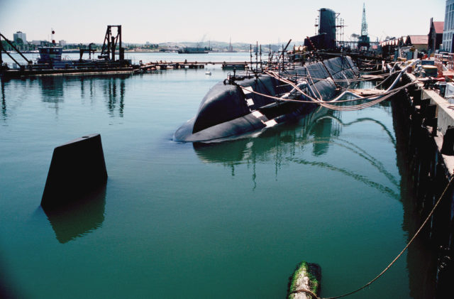 Starboard quarter view of the nuclear-powered attack submarine ex-USS NAUTILUS (SSN 571) moored at the Naval Shipyard. http://ow.ly/Cidd301WE6R 