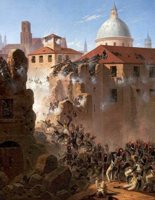 The First Siege of Zaragoza. One can see the french breaking through the outer wall, only to be repelled by a horde of Spaniards, many of whom were irregular civilian volunteers! Source: wiki/public domain.