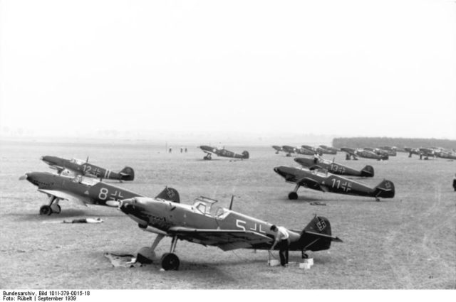 German Bf 109B fighters on an airfield, Poland. September 1939 