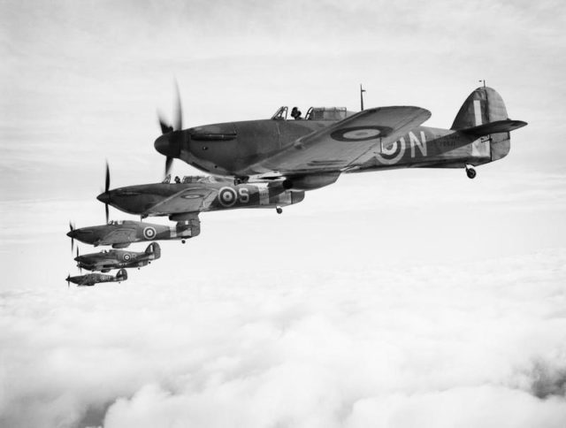 Hawker Sea Hurricanes of the Fleet Air Arm, based at RNAS Yeovilton, flying in formation, 9 December 1941 © IWM (A 9534)
