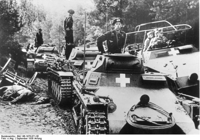 German Panzer I, Panzer II, and SdKfz. 251 vehicles in Poland, circa 3 Sep 1939; the officer in the SdKfz. 251 halftrack vehicle might be Heinz Guderian [