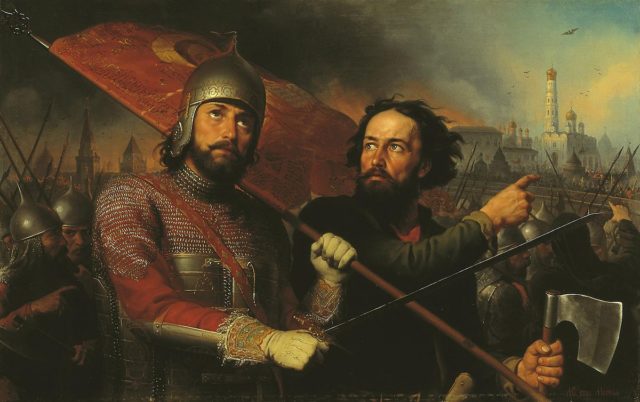 National heroes of Russia: Kuzma Minin and Dmitry Pozharsky. Note the historically accurate banner (Painting by Mikhail Scotti / Public Domain / Wikipedia)