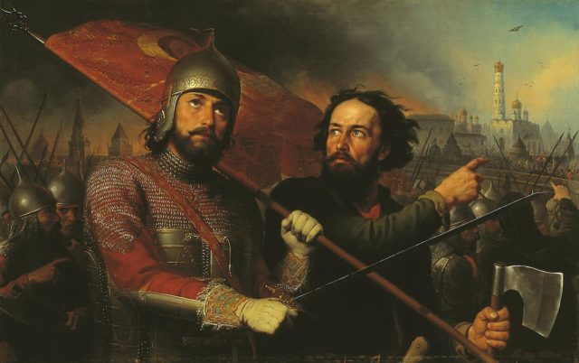 National heroes of Russia: Kuzma Minin and Dmitry Pozharsky. Note the historically accurate banner (Painting by Mikhail Scotti / Public Domain / Wikipedia)