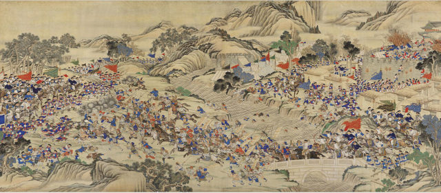 Historic artwork depicting a scene from the rebellion, as the Qing dynasty takes back one of their cities