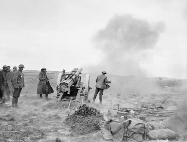 British 60 pounder gun firing near La Boisselle on 25 March.