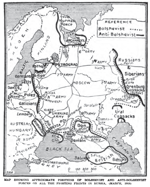 The positions of the Allied expeditionary forces and of the White Armies in European Russia, 1919.