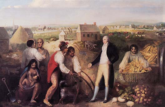 Painting (1805) of Benjamin Hawkins on his plantation, instructing Muscogee Creek about European technology (Wikipedia / Public Domain)