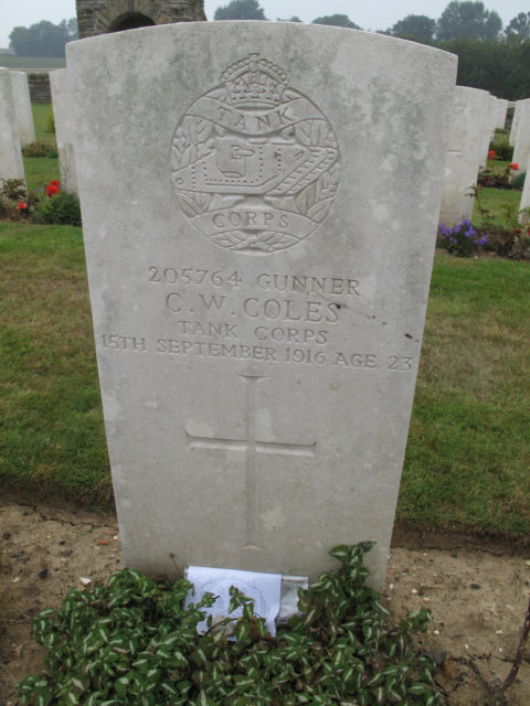 The grave of Cyril Coles in France. He was one of the first tank crewmen to be killed in battle.