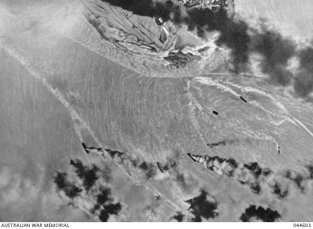 An aerial photograph of vessels burning in Darwin Harbour taken by a Japanese airman during the first raid.