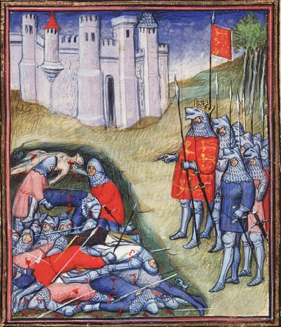 Edward III counting the dead after the English Victory at the Battle of Crecy in 1346. Illustration created in Paris, 1410 AD. Wikipedia / Public Domain