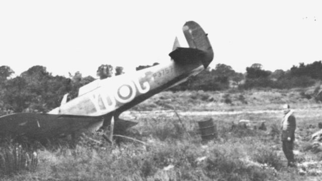 Hawker Hurricane Mk. I s/n 3757 and coded YO-G in a rather unglamorous pose. The pilot was an American citizen, Flying Officer E. de P. Brown of Coronado, California. He later transferred to the U.S.A.A.F. Photo credit: Royal Canadian Air Force