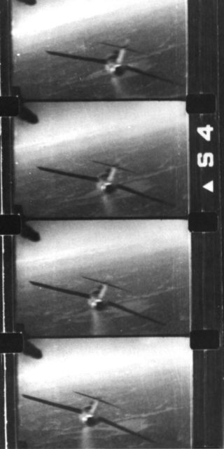 Film from the gun camera of Major Davis’ F-86E Sabre 51-2752 shows a MiG 15 smoking after being hit, 13 December 1951.