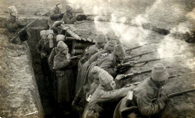 Russian Soldiers wearing gas masks in 1916. Wikipedia/Public Domain