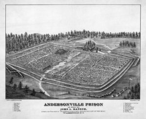 A drawing of Andersonville prison, hardly showing the horrors within. 