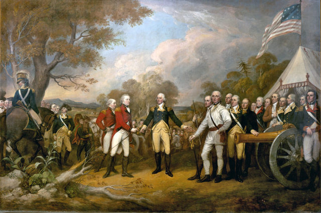 The surrender of the British to the American colonists.
