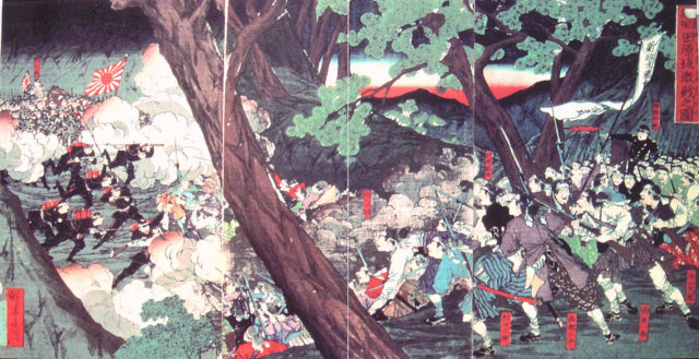 One of the battles during the samurai rebellions. the samurai are on the right with guns and officers in western uniforms. the only real differences are that many of the samurai wear more traditional clothes while the imperial troops are more uniform.