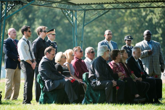 Mourners attend the graveside service for U.S. Air Force 1st Lt. Donald Beals at in Arlington National Cemetery, Oct. 17, 2016, in Arlington, Va. Beals died when his single-seat P-47D “Thunderbolt” was struck by intense anti-aircraft fire above Lonnewitz, Germany on April 17, 1945. His remains were recently recovered and identified. (U.S. Army photo by Rachel Larue/Arlington National Cemetery/released)