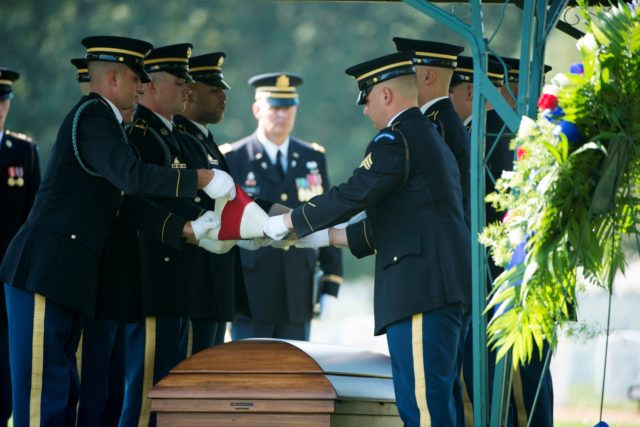 Members of The U.S. Army Band, “Pershing’s Own,” participate for U.S. Air Force 1st Lt. Donald Beals at in Arlington National Cemetery, Oct. 17, 2016, in Arlington, Va. Beals died when his single-seat P-47D “Thunderbolt” was struck by intense anti-aircraft fire above Lonnewitz, Germany on April 17, 1945. His remains were recently recovered and identified. (U.S. Army photo by Rachel Larue/Arlington National Cemetery/released)